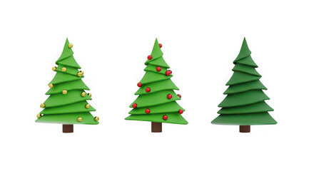 Obraz premium Three Christmas trees with ornaments isolated on a transparent background green red ornaments