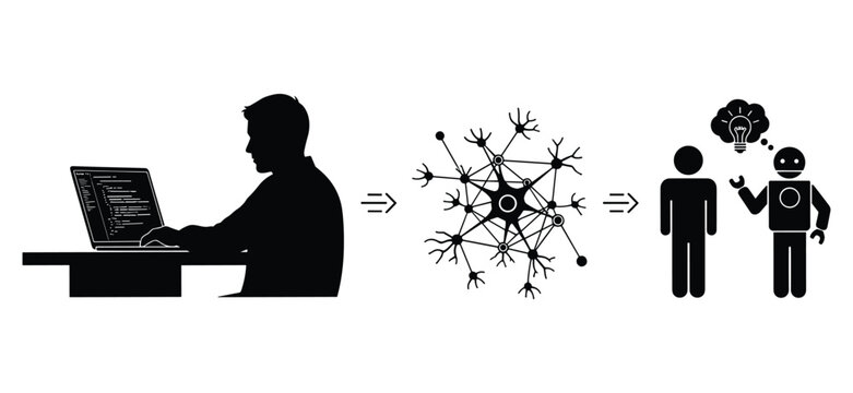 Artificial intelligence development vector illustration for coding, neural network training and human robot interaction design