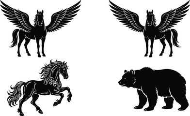 Fototapeta premium Black silhouette vector illustration of mythical pegasus winged horses, a majestic rearing stallion, and a powerful wild grizzly forest bear.