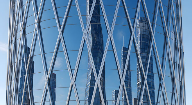 Close Up of Modern Skyscraper Glass Facade with Diagonal Mullions Reflecting City Skyline