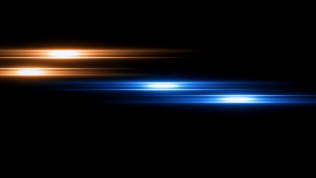 Abstract glowing light streaks orange and blue horizontal lines on black background futuristic energy wave motion