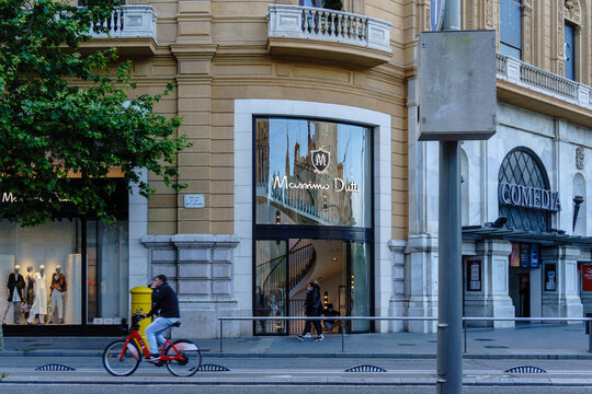 Barcelona, Spain - May 11, 2021. Logo and facade of Massimo Dutti, a fashion company belonging to the Inditex group