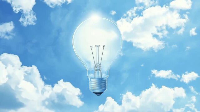 Floating light bulb glows amidst clouds in a blue sky sequence