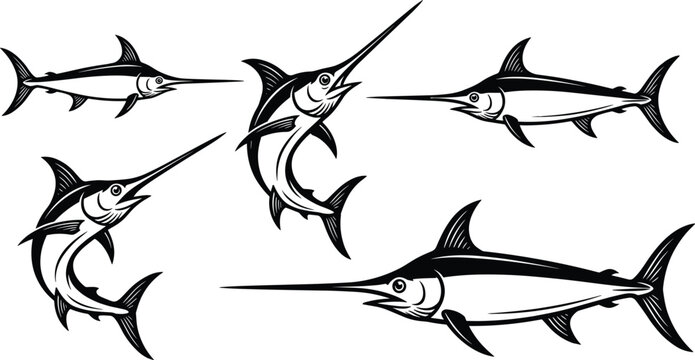 Marlin and swordfish vector illustration set, black and white salt water sport fishing icons, marine life jumping isolated on white