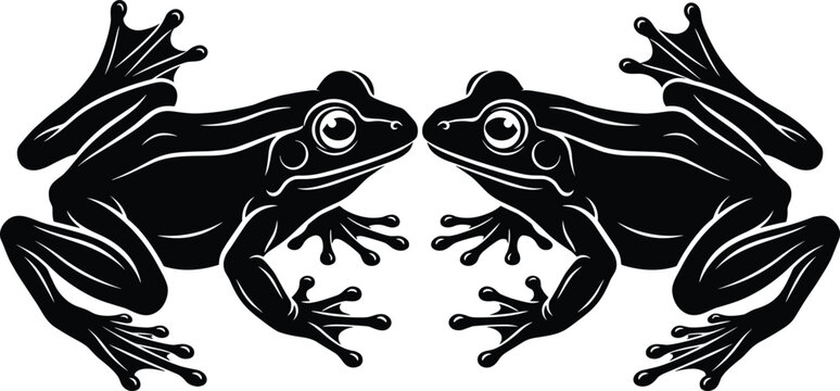 Two black frog silhouettes facing each other, symmetrical amphibian vector icons, isolated toad sketches for nature logo and pond life design