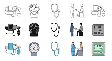 Fototapeta premium Diverse Medical Examination Icon Set with Blood Pressure Monitors, Stethoscopes, and Patient Consultations for Healthcare Design Projects