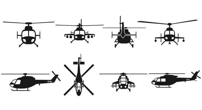 Diverse collection of helicopter silhouettes, showcasing various aircraft models and flight perspectives, ideal for aviation graphic design elements and vector illustrations