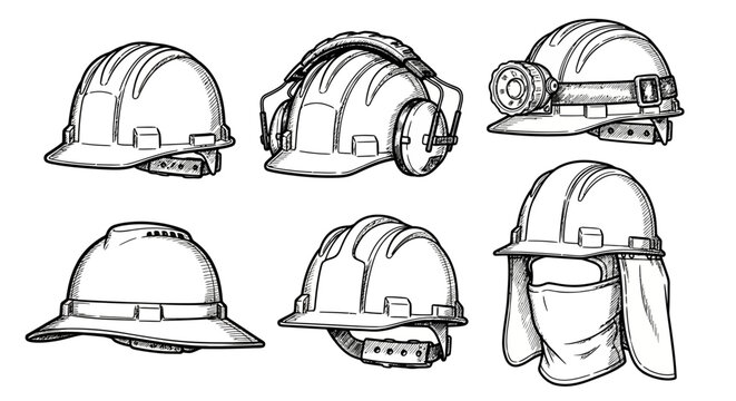 Collection of illustrated hard hats and protective headwear for industrial and construction safety
