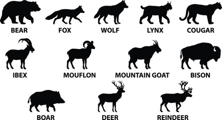 Wild Animal Silhouette Vector Set Featuring Bear Fox Wolf Lynx Cougar Ibex Mouflon Mountain Goat Bison Boar Deer and Reindeer Icons © Its Razoan 