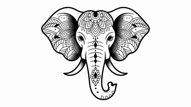 Intricate mandala design featuring the head of an elephant in black and white