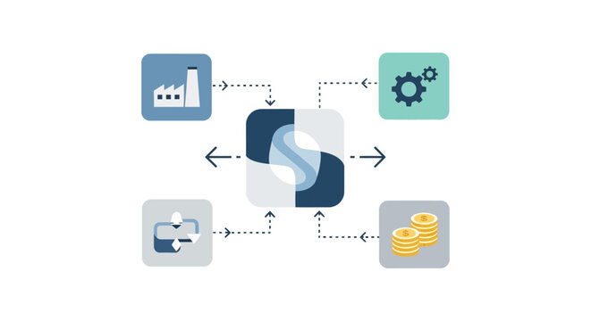 Business Process Integration Hub Vector Diagram. Connecting Supply Chain, Finance, Production, and Optimization Systems.