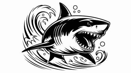 A striking black and white illustration of an aggressive shark in swirling water © MdSafi