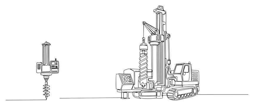 Continuous line drawing of a heavy industrial drilling rig machine for construction and soil sampling