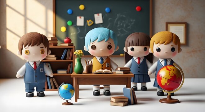 Cute cartoon children in school uniforms standing in classroom