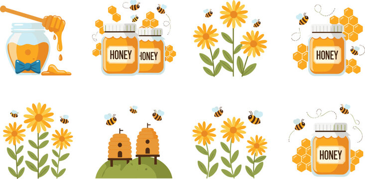 Flat vector illustration set of organic honey products featuring jars with labels, beehives on hills, flying bees, honeycomb cells, and yellow sunflowers.