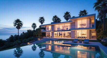 Obraz premium Modern minimalist house with pool and palm trees at dusk