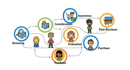 Fototapeta premium Customer journey map illustration showing browsing awareness consideration evaluation purchase and post purchase stages ecommerce marketing process vector design.