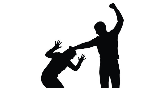 Silhouette graphic illustration depicting a violent man physically threatening a vulnerable woman in distress