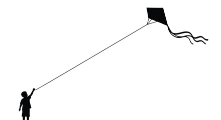 Minimalist vector illustration of a child's silhouette flying a black kite with a long string. © ClipsByAnderson