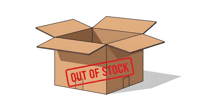 Out of stock concept with empty cardboard box representing inventory shortage supply chain disruption ecommerce logistics vector illustration minimal design.