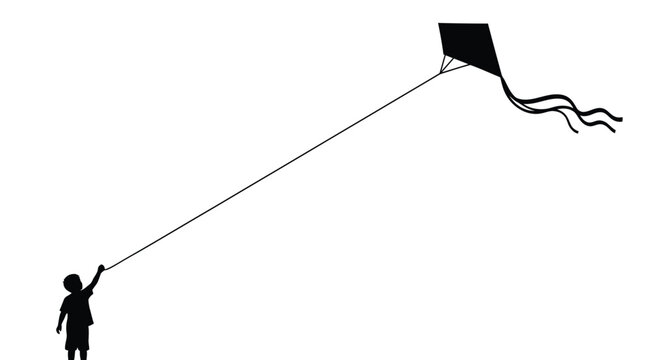 Minimalist vector illustration of a child's silhouette flying a black kite with a long string.