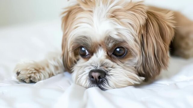 Curious shih tzu dog on bed: closeup sequence of playful movement