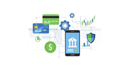 Fototapeta premium Fintech Ecosystem Illustration: Secure Mobile Banking, Online Payments, Investment Data, and Digital Financial Transactions.