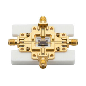 Gold plated microwave connector quantum computing components precision test fixture showing metal contacts ceramic base and delicate wiring