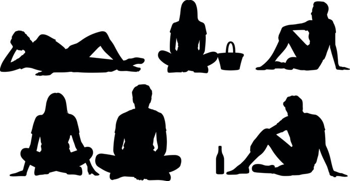 People silhouettes relaxing sitting and lying poses with leisure activities isolated on white background, casual lifestyle collection for recreation and design use