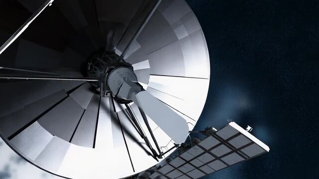 Satellite transmitting data and receiving signals with its large parabolic antenna and solar panels while orbiting against a cosmic background with distant stars