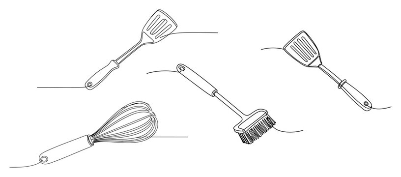 Continuous line drawing of kitchen grilling tools including spatula and barbecue brush