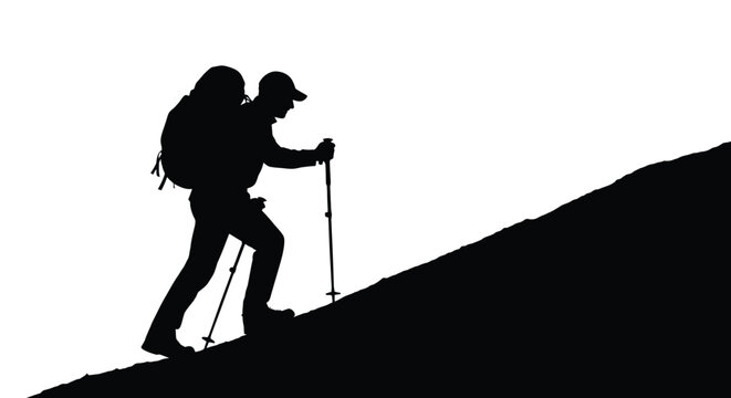 Determined hiker silhouette vector illustration ascending a steep uphill path with backpack and trekking poles graphic.