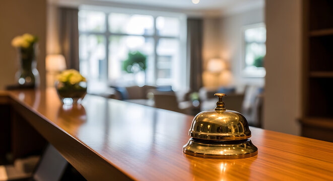 Brass hotel bell on wooden reception desk in lobby, Generative-AI
