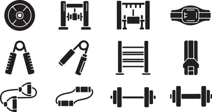 Gym equipment icon set, 12 fitness training vector elements, black solid workout gear symbols for bodybuilding and weightlifting apps isolated PNG with Transparent Background