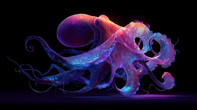 Vibrant colorful octopus with tentacles on dark background illustration