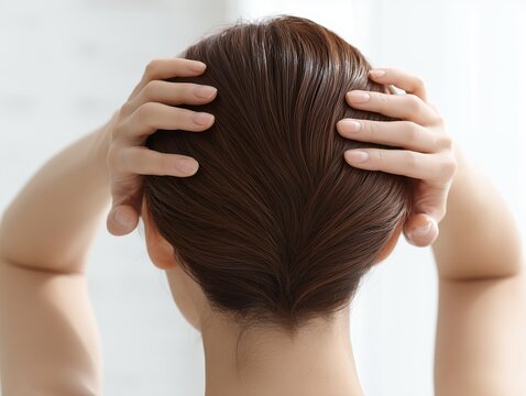 両手で頭を包み込み地肌や髪の毛の状態を確認する茶髪の女性の後ろ姿と頭頂部のアップ