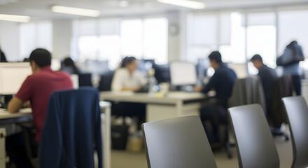 Fototapeta premium Blurred office workers in modern open space with computers and natural light, Generative-AI