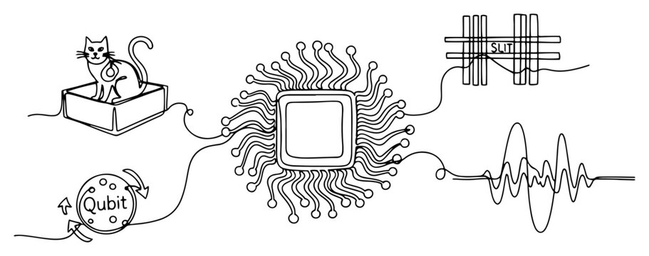 Quantum computing and physics symbols with Schrodinger cat qubit and wave function in continuous line art