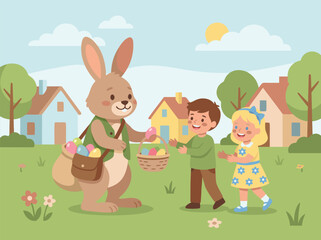 Fototapeta premium Easter Bunny Giving Eggs to Children in a Village.