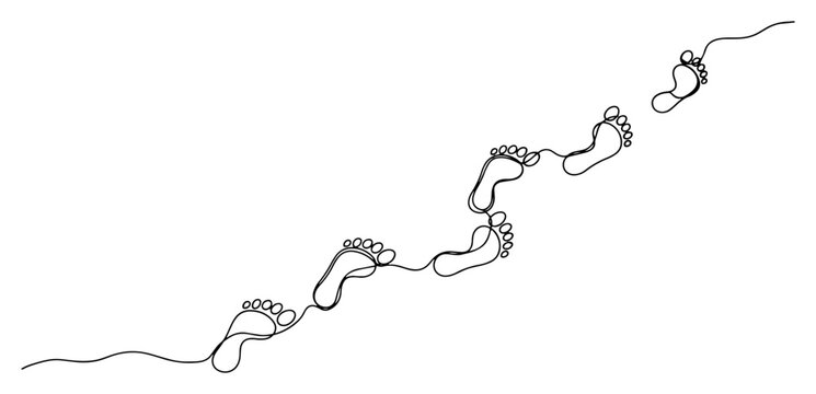 Continuous one line drawing of human footprints walking on the sand