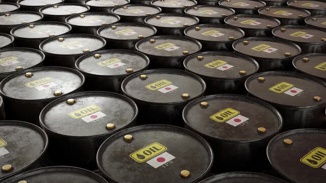 Oil Barrels with Japan Flag &ndash; Industrial Energy Use and Oil Import Dependency Concept