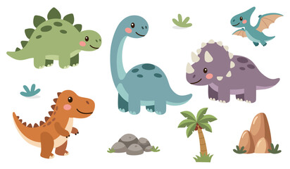 Cute Dinosaur Clipart Set, Kawaii Cartoon Dino Characters, Flat Vector Illustration with Palm Tree, Rocks and Plants, Isolated on White © Богдана Яким