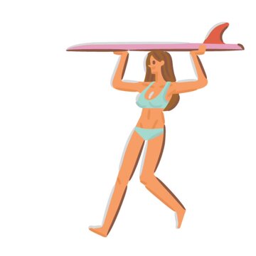 Animated cartoon woman carries surf board wearing bikini walking with relaxed summer beach vibe illustration