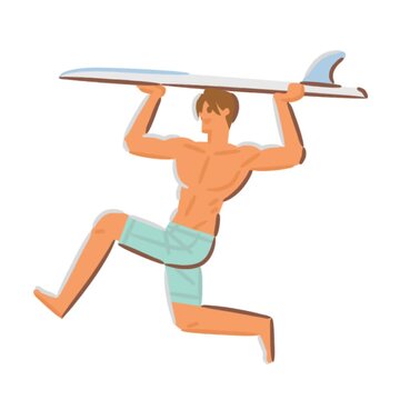 Animated cartoon man carries surf board while running with energetic summer beach surfing vibe illustration