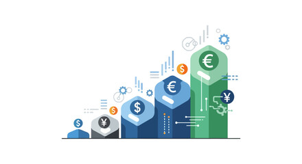 Obraz premium Financial Growth Bar Chart with Global Currency Symbols (Euro, Dollar, Yen). Forex Market Data Analysis and Investment Strategy Concept.