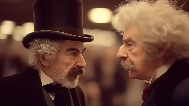 Two distinguished gentlemen engage in a captivating exchange, showcasing refined style and intellectual curiosity