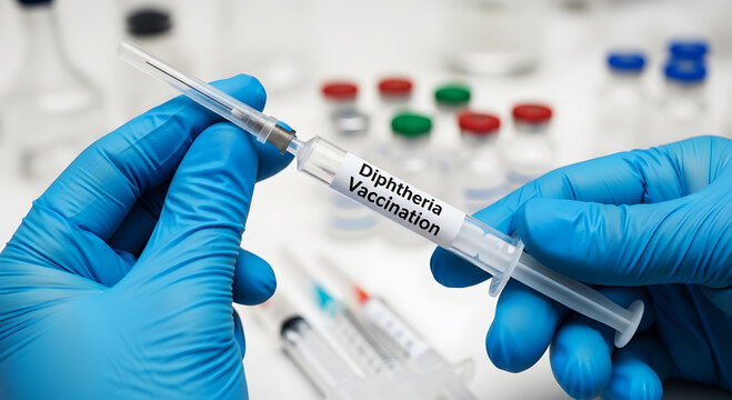 Blue gloved hands hold syringe labeled Diphtheria Vaccination with vials in background