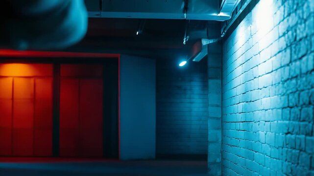 Industrial basement corridor with brick walls and exposed pipes contrasting with dramatic blue and red ambient lighting, creating a mysterious and atmospheric setting