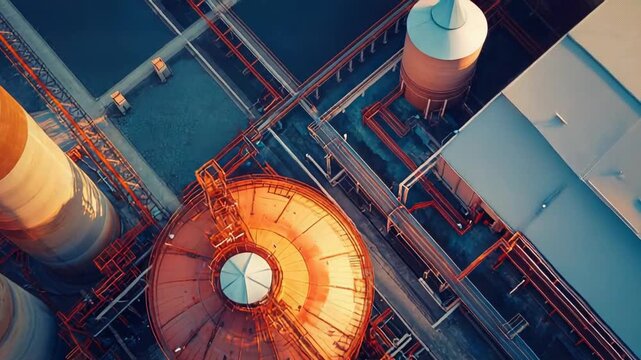 Industrial facility featuring large fuel storage tanks and tall chimneys, with a network of pipes crisscrossing the structure, highlighting manufacturing and energy production infrastructure