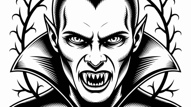Intense black and white illustration of a menacing vampire with sharp fangs